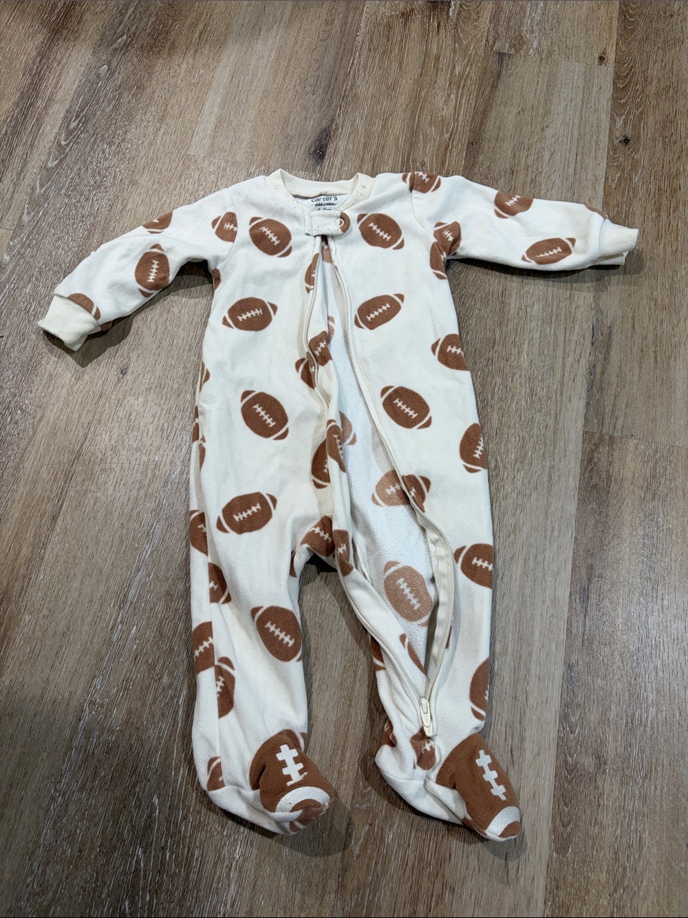 Fleece Cream and Brown Football Print Baby One-Piece